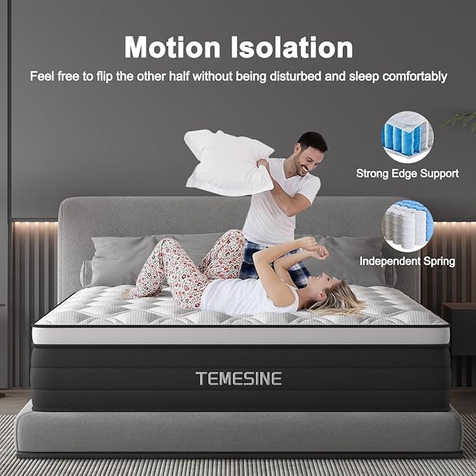 Twin Mattress, 14 Inch Hybrid Mattress in a Box with Individual Pocket Spring, Gel Memory Foam and Euro Top, Medium Firm Feel with Motion Isolation, Pressure Relief, Edge Support, Twin Size Black