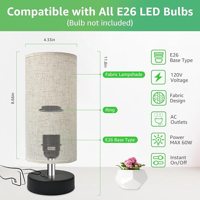 Small Lamp for Bedroom, Bedside Lamps for Night Stands, Mini Minimalist Table Lamp with Round Flaxen Fabric Shade, 11.8 Inch Desk Reading Lamp for Dorm Room Living Room Office Room, 2 Pack