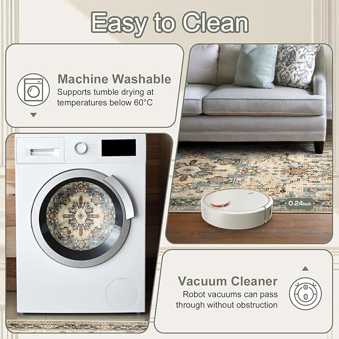 Area Rugs for Living Room 6x9 - Machine Washable Vintage Oriental Soft Rug, Low Pile Thin Floor Carpet with Non Slip Backing for Bedroom, Dorm, Under Dining Room Table, Indoor House, Office Decor