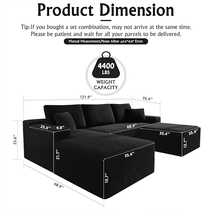 3-Piece Boneless Modular Sectional Sofa, Cloud Couch, Left Facing Chaise with Ottoman, Oversized Deep Seat, Soft Corduroy Fabric, Sectional Couch for Living Room-Black