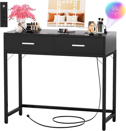 Cyclysio Vanity Desk with Mirror and Lights, 36'' Makeup Vanity Desk with Power Outlet, Small Vanities Set Dressing Table with Drawers for Bedroom, Black
