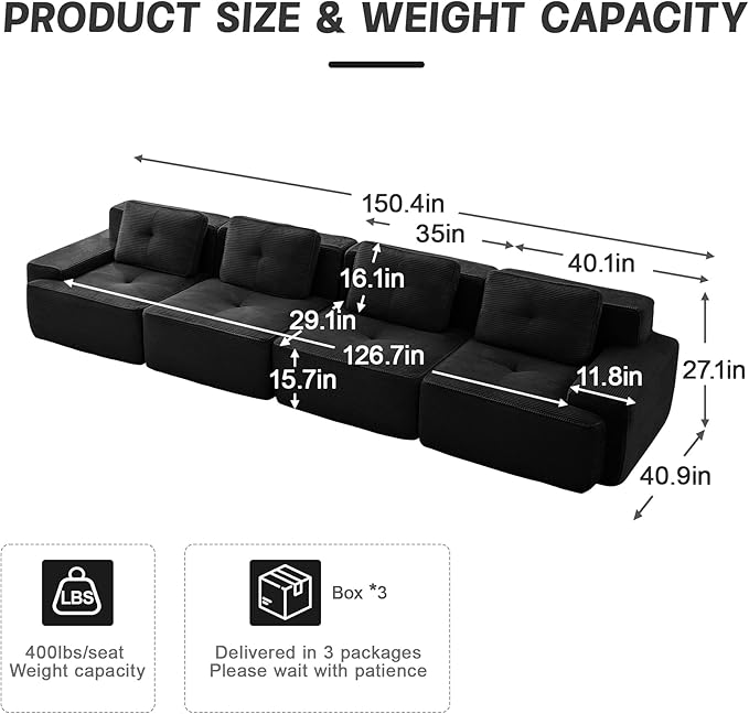 150.4'' Sectional Sofa, 32D Foam Corduroy Boneless Couch with Pillow, Deep Seat Wide Arm Sectional Couch for Apartment, Living Room, Bedroom