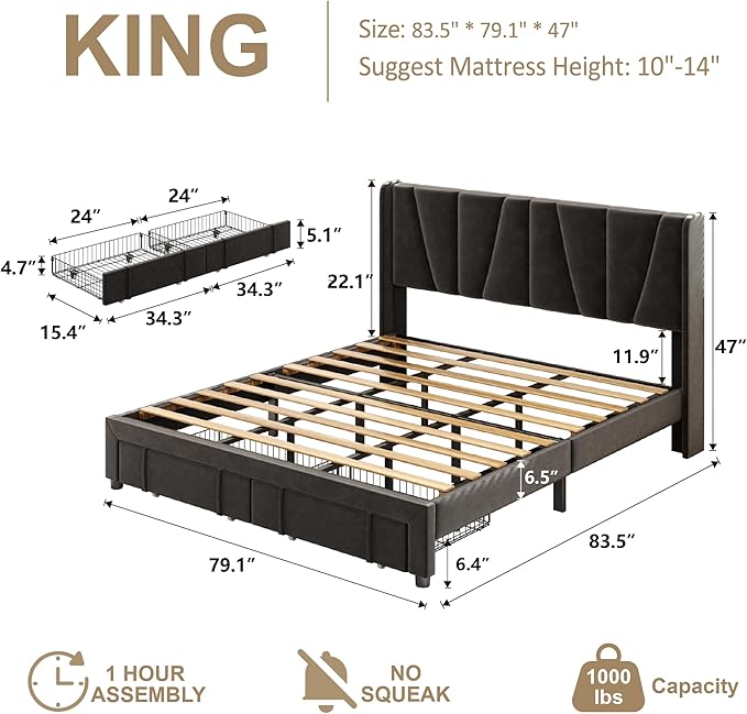 King Bed Frame with Storage Drawers, Upholstered King Size Platform Bed with 47“ Tall Headboard and Wingboard, No Box Spring Needed, NO Noise, Easy Assembly, Wooden Support Slats, Black