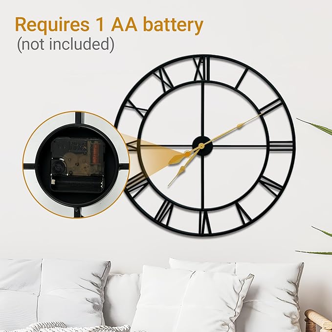 36inch/91cm Large Wall Clocks for Living Room Decor,Wall Clocks Battery Operated,Metal,Decorative,Analog,Silent, Non Ticking,Extra Large Wall Clock (Iron Roman Numerals, 36 inches)