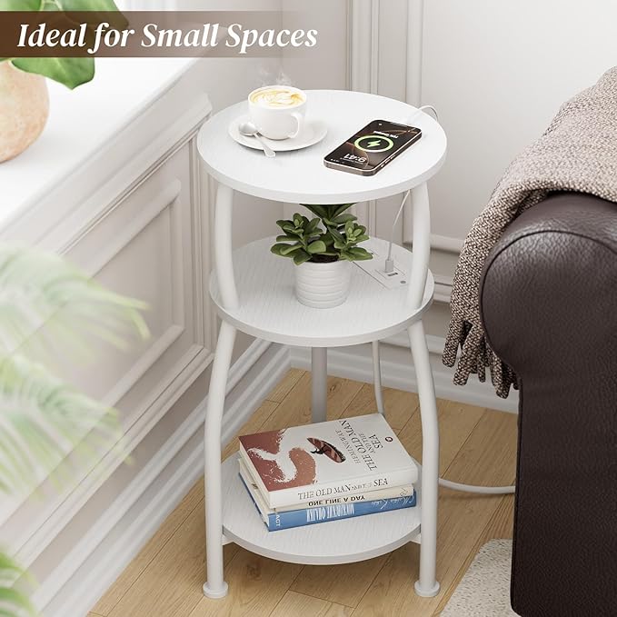 Round Side Table with Power Outlet & USB Ports, 3-Tier End Table with Storage Shelf, Modern Rustic Nightstand, Small Spaces Accent Table for Living Room Bedroom, Easy Assembly, White