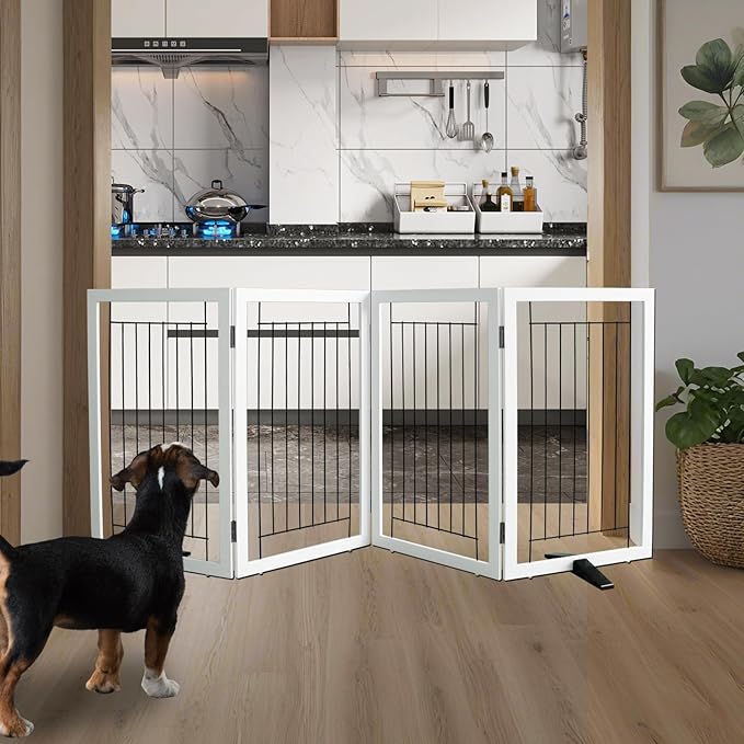 ZJSF Freestanding Dog Gate Indoor, Foldable Dog Fence for Doorways,Hallways or Stairs, Sturdy Wood Extra Wide Pet Gate with Support Feet,White,32 "Height-4 Panels