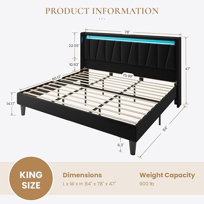 SHA CERLIN King Size Bed Frame with Charging Station and LED Lights, Modern Velvet Platform Bed with Upholstered Geometric Wingback Headboard, No Box Spring Needed, Easy Assembly, Black