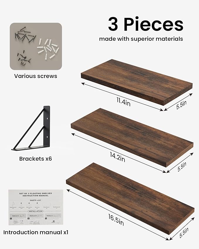 BAYKA Wall Shelves for Bedroom Decor, Floating Shelves for Wall, Display Mounted Rustic Wood Shelf for Books,Plants,Corner Shelves for Bathroom,Kitchen,Living Room(Rustic Brown,Set of 3)