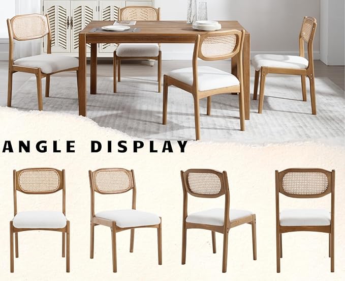 EALSON Farmhouse Rattan Dining Chairs Set of 2 Modern Mid Century Wood Dining Room Chairs with Cane Back Upholstered Sherpa Boucle Kitchen Side Chairs for Living Dining Room,Cream