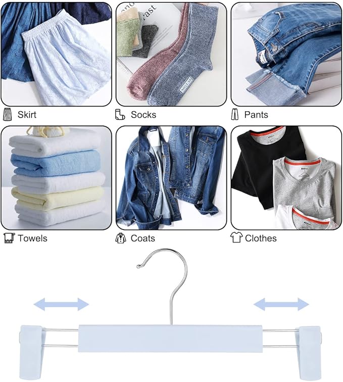 Clothes Pants Hangers, Space-Saving Skirt Holders with 360 ° Swivel Hooks, Adjustable Clips, Trouser Hangers, Clothes Coat Garment Jeans Hangers (30 Pack, Blue)