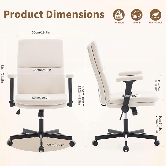 Office Chair Adjustable Desk Chair Mid Back Comfortable Linen Ergonomic Back Support Home Computer Chair with Padded 2D Flip-up Armrest Swivel Wheels (Beige)