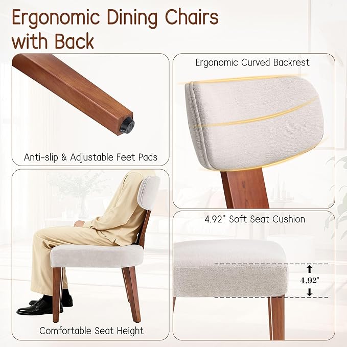 Dining Chairs Set of 6, Mid-Century Modern Upholstered Kitchen Chairs with Curved Backrest and Linen Fabric Seat, Wood Leg Accent Chairs for Dining Room, Living Room, Bedroom, Linen Beige