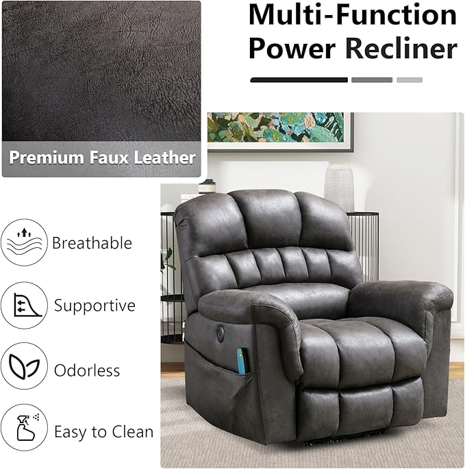 Large Power Lift Recliner Set of 2 with Massage and Heat for Elderly, Faux Leather Electric Lifting Recliners with USB Port, Oversized Reclining Sofa Chair for Living Room, Grey