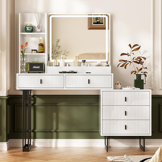 Large Vanity Desk with 3 Color Touch Screen Dimming Mirror, Vanity Desk with Charging Station, Modern Retractable Makeup Dressing Table, Makeup Table With storage shelves and 5 Sliding Drawers, White