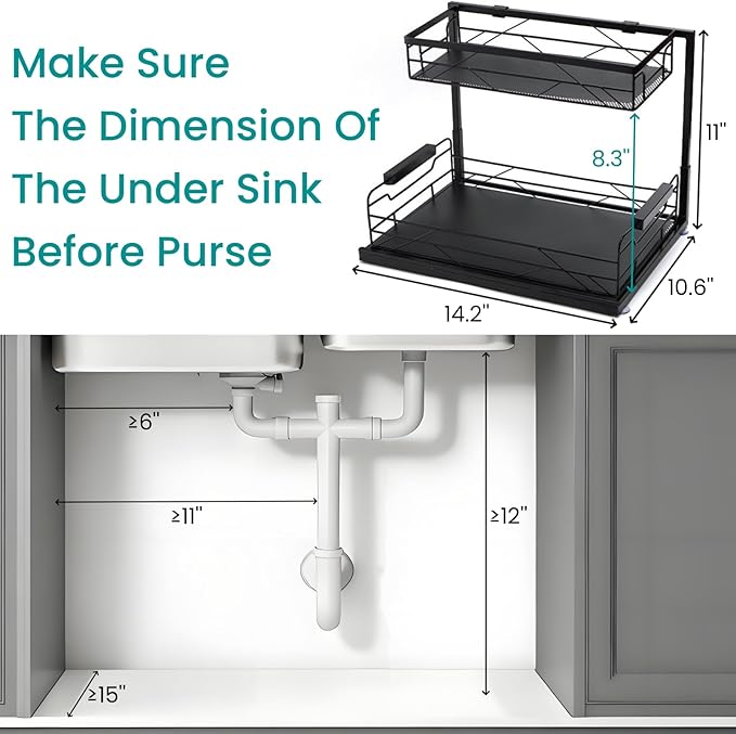 Pull Out Under Sink Organizer, 2 Tier Kitchen Cabinet Organizer with Suction Cups, PVC Mat, Sliding Drawer, Metal Cleaning Supplies Storage Shelf for Laundry, Pantry, Bathroom