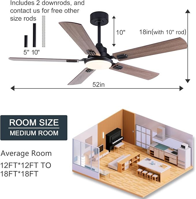 BOOMJOY 52 inch Ceiling Fans with Lights and Remote, Black Ceiling Fan with Light, Modern Ceiling Fan for Bedroom, Low Profile Outdoor Ceiling Fan for Patios, Reversible, 3 Color Memory LED, DC Motor