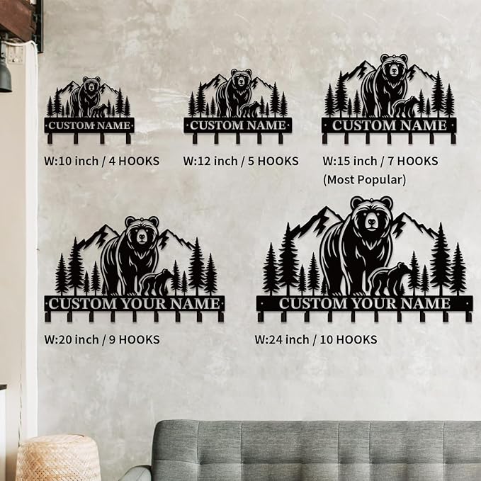 Personalized Custom Name Bear Key Wall Hooks,Metal Bear Keys Clothes Hooks,Metal Bear Wall Home Storage Decorative,For Front Door, Hallway, Kitchen, Bedroom,Keys,Hats (Style H)