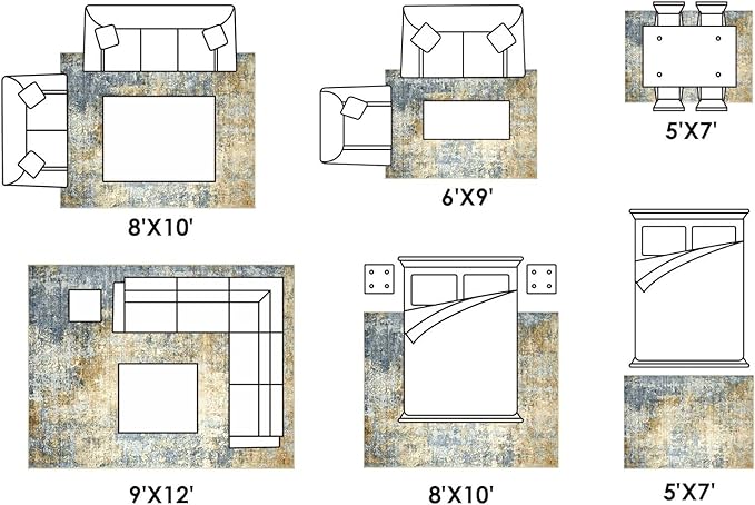 Area Rug Living Room Rugs - 8x10 Modern Abstract Soft Indoor Neutral Washable Rug Stain Resistant Non-Slip Low Pile Carpet for Bedroom Dining Room Home Office - Blue/Grey/Yellow