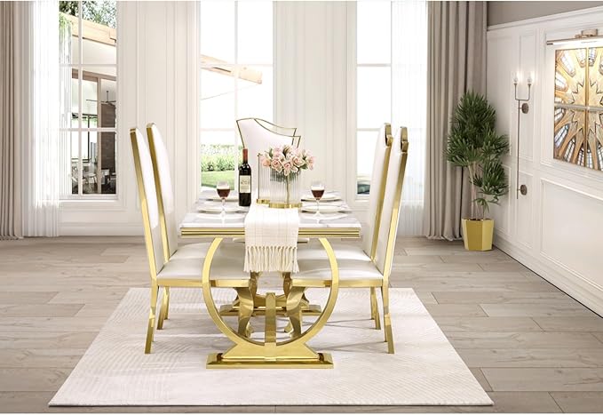 White and Gold Dining Chairs Set of 4, White PU Leather Dining Room Chair with Gold Polished Metal Legs, Glam Upholstered Kitchen Chairs for Dining Room, Kitchen, Living Room