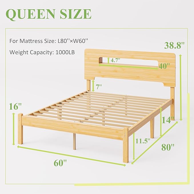 ZIYOO Solid Bamboo Wood Queen Bed Frame with Storage Headboard, 14 inch Platform Bed Frame Queen No Box Spring Needed with Steel Slats, Sturdy and Stable, Easy Assembly, Noise Free