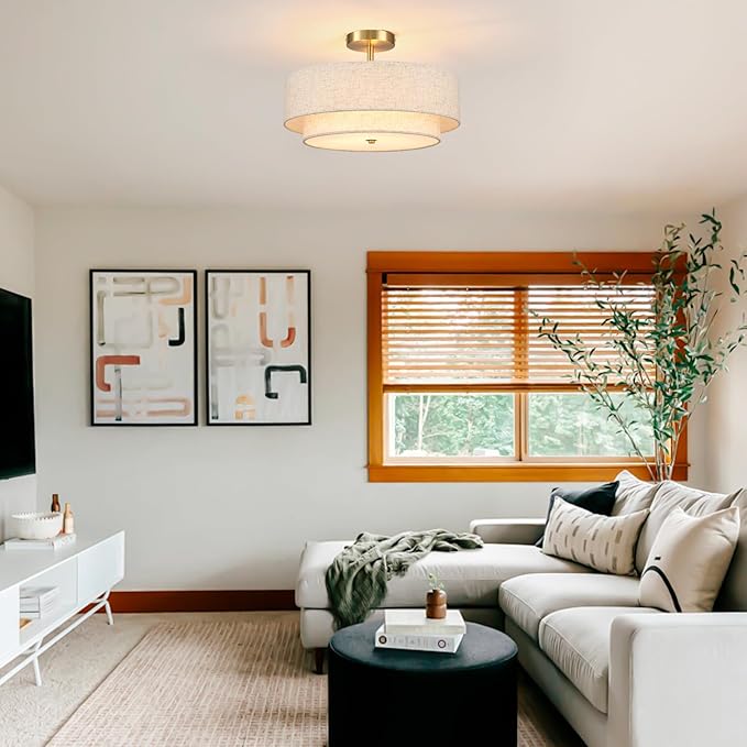 18" Semi Flush Mount Ceiling Light with Fabric Lampshade Modern Drum Ceiling Lamp Gold Ceiling Light Fixture for Dining Room Kitchen Bedroom Living Room