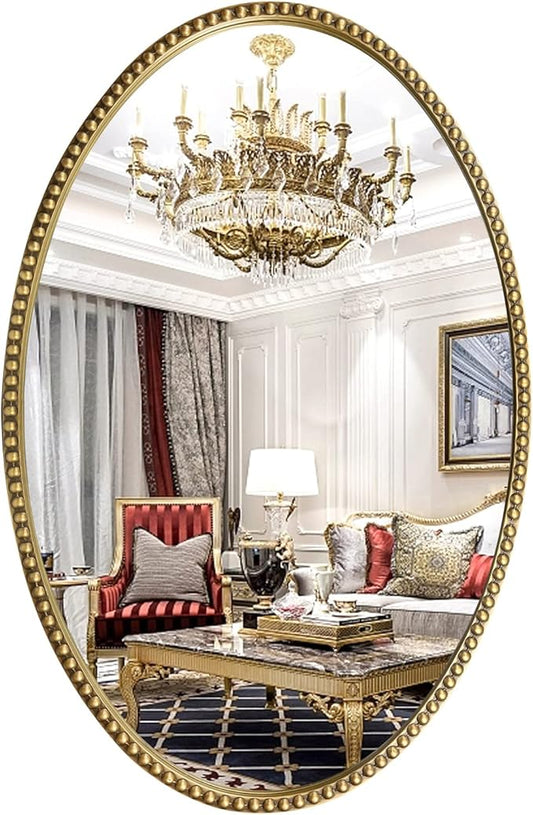 Oval Wall Mirror for Bathroom, 26"x39" Antique Gold Metal Beaded Frame Decorative Accent Mirror, Large Hanging Vanity Mirror for Bedroom, Living Room, Entryway