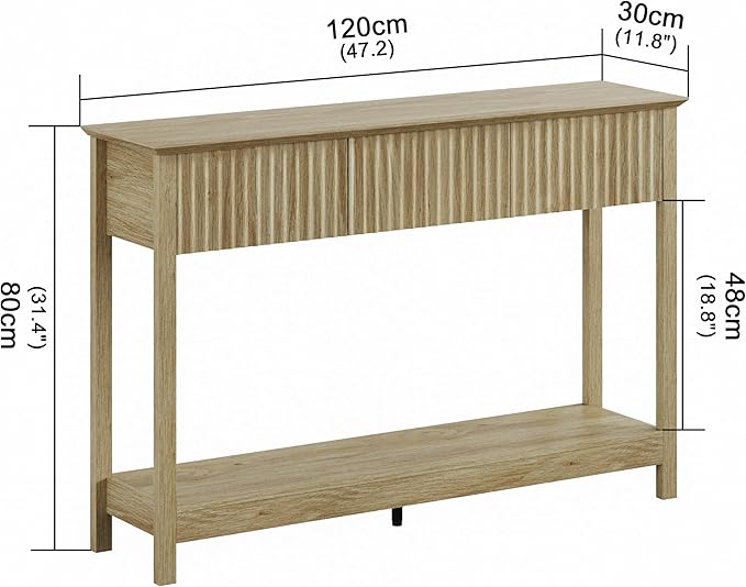 Treocho 47" Fluted Console Table with 3 Drawers, Narrow Long Entryway Table with Storage and Shelf, 2-Tier Sofa Table Behind Couch Accent Tables for Entrance Foyer, Hallway, Living Room, Oak