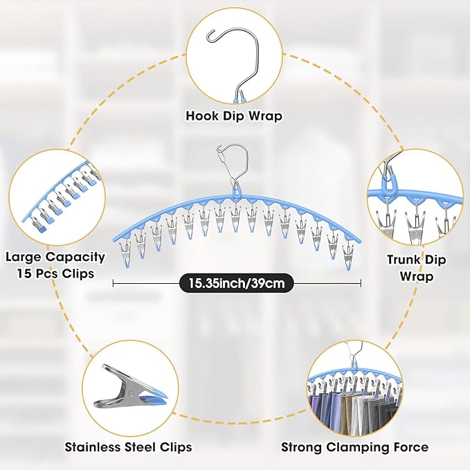 Upgrade Skirt Pants Hangers with Clips, Metal Legging Organizer for Closet with 15 Cilps Holds 60 Leggings/Shorts/Jeans/Skirts Pants Hangers Space Saving Closet Organizers and Storage, Blue 4Pack