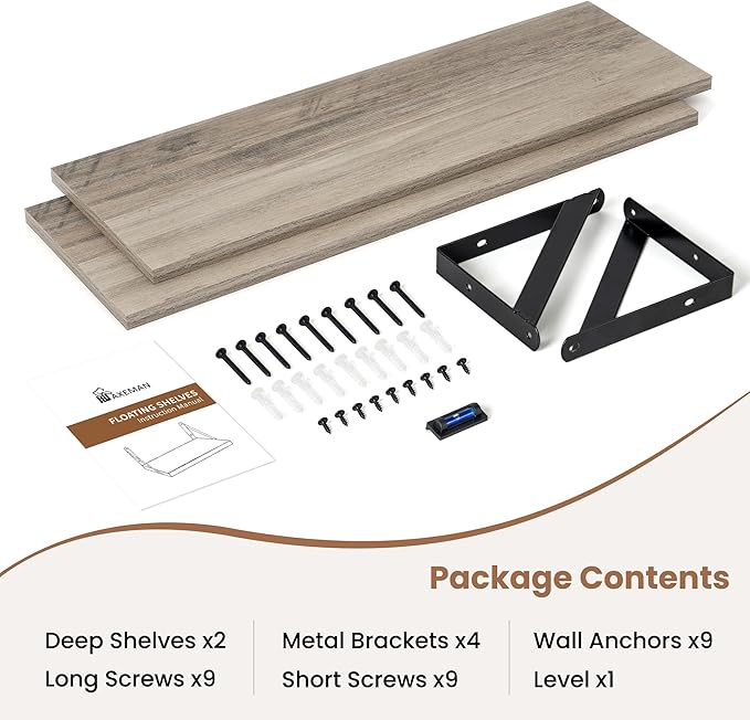Axeman Floating Shelves for Wall 24 Inch | 24W x 8D Rustic Grey Floating Shelves Set of 2 | 8 Inch Deep Wall Shelves for Bathroom Kitchen Living Room | Bookshelf Display Shelves