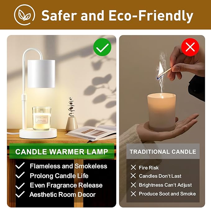 Briever Dimmable Candle Warmer Lamp with Timer, Height Adjustable Electric Candle Wax Warmer, Christmas Birthday Gifts for Women Mom, House Warming Gifts New Home Room Decor, White Solid Wood Base