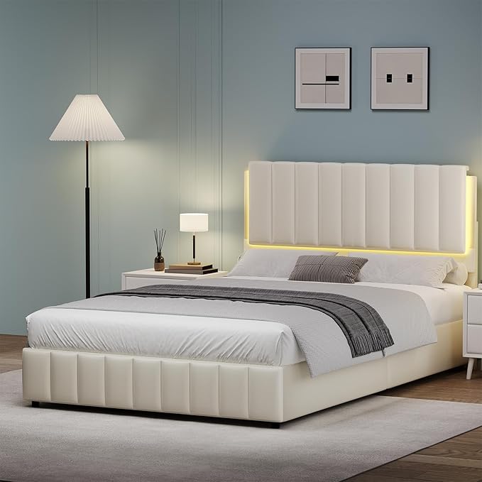 Full Size Bed Frame with LED Lights, Faux Leather Upholstered Platform Bed with Headboard and Wooden Slats Support, No Box Spring Needed, Noise-Free, Easy Assembly, Cream