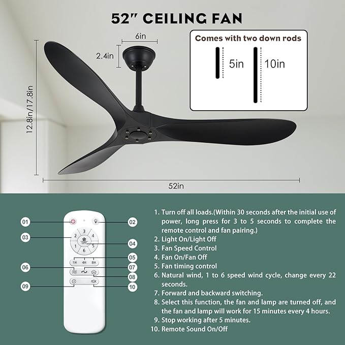 52 inch 3 blade ceiling fan without light, Noiseless Reversible DC Motor Ceiling Fan Without Light for Farmhouse Patio Living Room Bedroom, Indoor Outdoor Ceiling Fan with Remote-Black