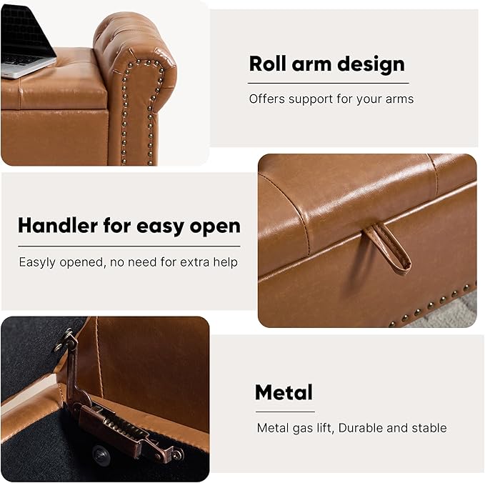 Storage Bench for Bedroom, 51" Upholstered End of Bed Bench, Faux Leather Queen Size Benches with Rolled Arms, Tufted Button Storage Long Ottoman, Living Room, Entryway, Brown