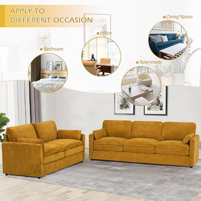 69” Chenille Loveseat Sofa w/Arm Pillows, Upholstered 2-Seater Sofa w/Comfortable Back Cushions, Modern 2 Seats Couch w/High-Density Foam for Living Room, Apartment, Office, Yellow