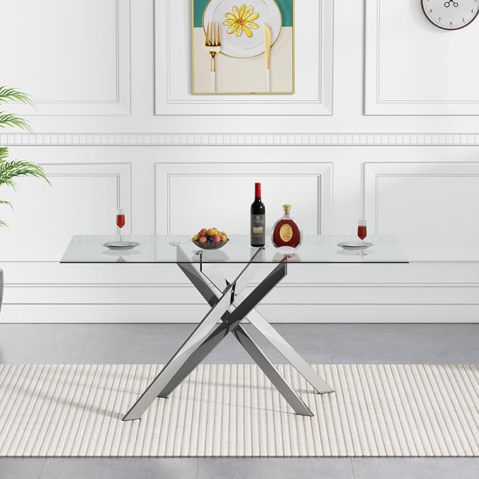 HomVent 51.18" Rectangular Clear Tempered Glass Dining Table,Stylish Design with Silver Metal Legs, Dining Table for Dining Room