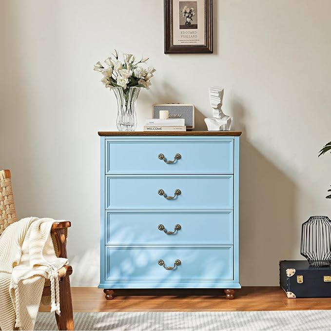 24" Wide Farmhouse Nightstand with Charging Station Set of 2,54" 7 Drawers Dresser, 37" Tall Rustic Chests of Drawers, Farmhouse Furniture Series for Bedroom,LightBlue