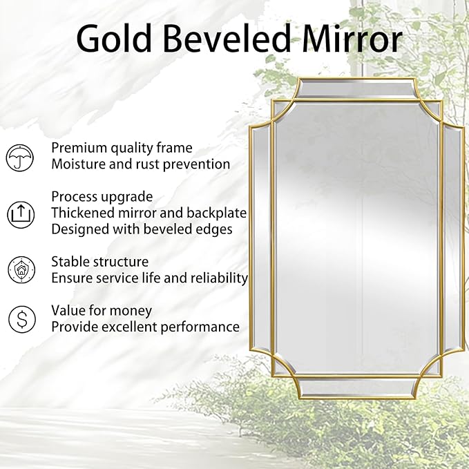 Rectangle Beveled Mirror, 36"x24" Bathroom Vanity Mirrors for Over Sink, Modern Elegant Decorative Mirrors for Wall, Gold Wood Frame Mirrors for Living Room Bedroom Fireplace Entryway