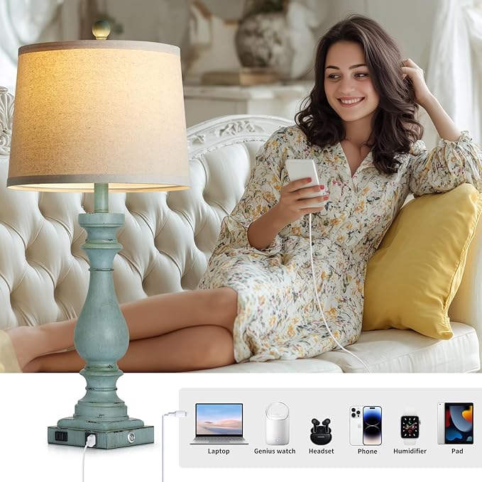 29" Tall Coastal Table Lamps Set of 2,Retro Blue Bedside Lamps with USB C+A Ports & AC Outlet,3-Way Dimmable Touch Lamp for Night Stands Living Room Bedroom,Blue