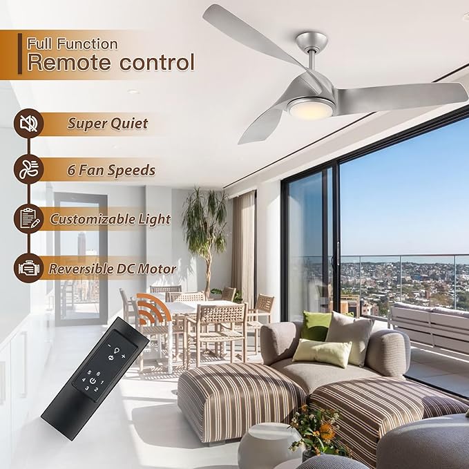 56 Inch Ceiling Fan With Lights, Led Indoor Ceiling Fan With Lights and Remote Control, Reversible Dc Motor, Suitable For Bedrooms, Living Rooms, Silver Propeller Blade Ceiling Fans