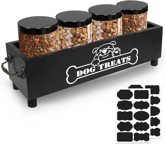 Large Dog Treats Container, Dog Cookie Jar for Dogs Cat Treats Container, Farmhouse Wood Pet Treats Storage Organizer for Dog Food Storage Container with 4 Jars, Cat Dog Treat Organizer