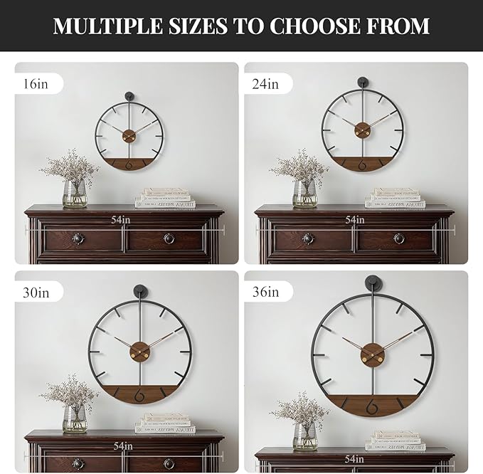Cuspin Extra Large Wall Clock 36 Inch Modern Black Metal Clock with Walnut Wood Dial, Silent Non-Ticking Oversized Decorative Battery Powered Big Clock for Living Room, Kitchen, Office, Bedroom