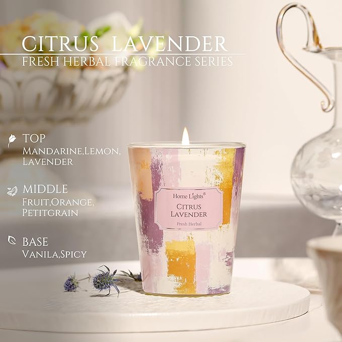 HomeLights Citrus Lavender Scented Candles | 6.7oz Soy Candles Scandinavian Minimalist Design Large Candle Jars | Ideal Candle Gifts for Events, Home Decor Stress, Relief & Relaxation