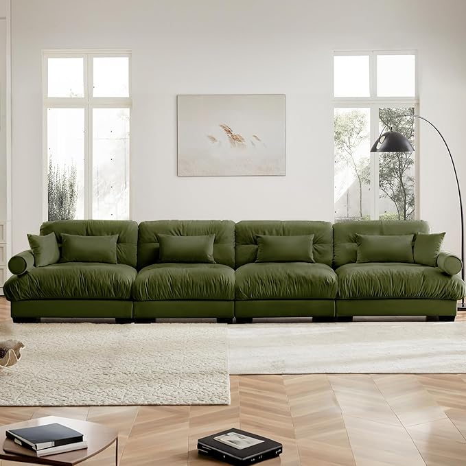 166" Oversized Couch, 4 Seater Modular Sectional Sofa, Olive Large Sectional Couches for Living Room, 4 Seater Velvet Fluffy Cloud Couch Set with 6 Pillows, Deep Seat Sofas for Living Room