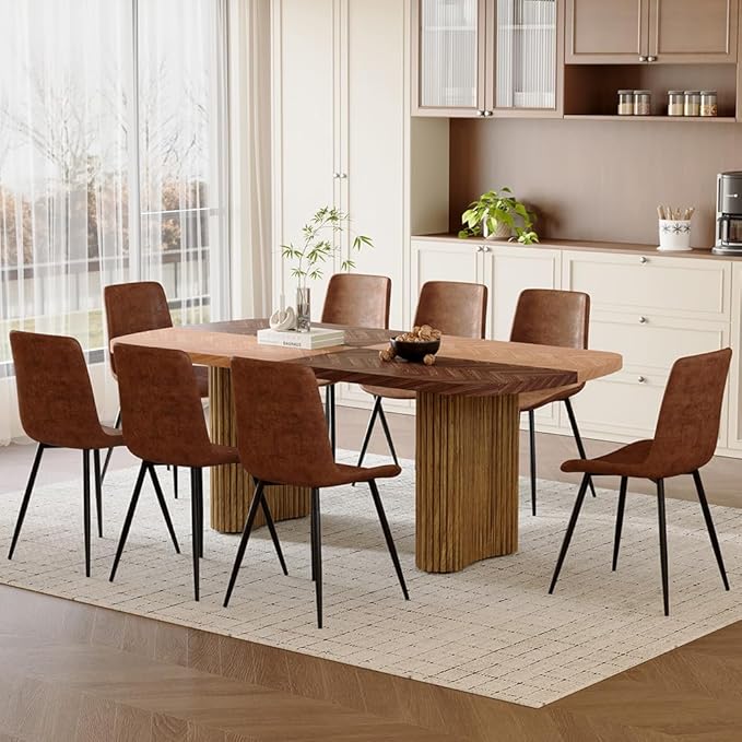 79" Large Dining Table Set for 8, Rectangular Wood Dining Room Table with 8 Suede Upholstered Chairs, 1.7" Thick Two-Color Wood Top & Sculpted Wave Legs, Modern Farmhouse Kitchen Table and Chairs Set
