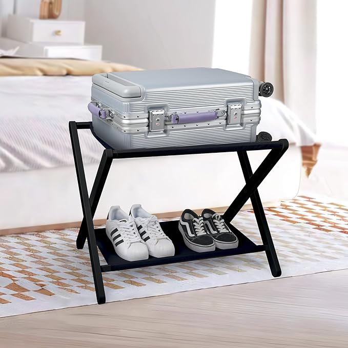 VASMIA Luggage Rack, Folding Suitcase Stand with Storage Shelf,Bamboo Luggage Stand for Guest Room,Bedroon and Hotel,Holds up to 131 lb,Fit Most Luggage Size,Black