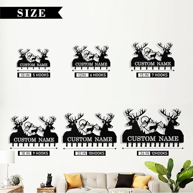 Personalized Deer Key Holder Wall Mount, Custom Metal Keys Hanger for Wall with Name, Custom Key Rack Holder with Hooks for Entryway, Front Door, Hallway, Living Room, Kitchen