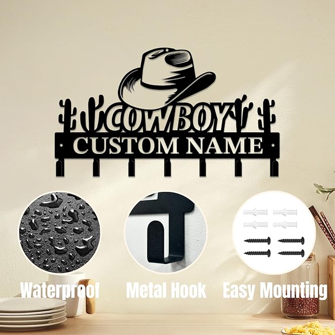 Personalized Custom Name West Cowboy Keys Hooks,Metal Cowboy Art Clothes Keys Hooks,Metal Cowboy Lover Wall Home Storage Decorative Keys Hooks,Key Holder Hooks for Wall (Style F)