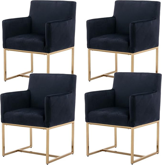 Set of 4 Upholstered Velvet Dining Chairs with Armrest, Mid Century Modern Accent Armchairs, Modern Kitchen & Dining Room Chairs with Gold Frame, Black