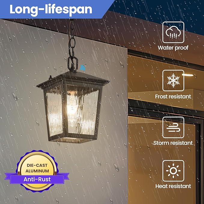 Outdoor Pendant Light, Black Outdoor Porch Light fixtures with Dusk to Dawn Sensor, Exterior Hanging Lantern Height Adjustable Outside Chandelier with Water Glass for House Patio Garage