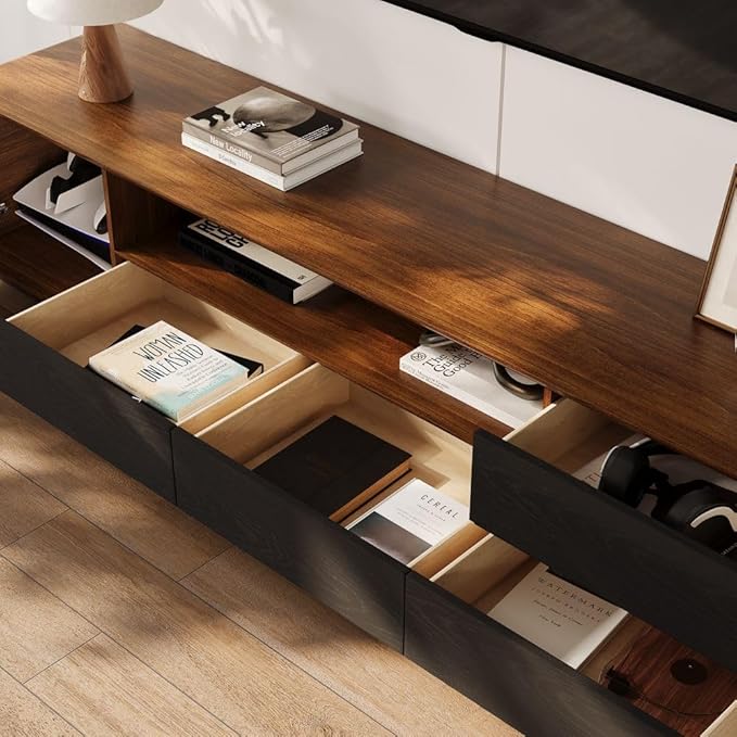 POVISON Fully-Assembled Mid Century Modern TV Stand with LED Lights, Wood Media Console with 4 Drawers for 85+ inch TV, Entertainment Center with Open Storage Cabinet